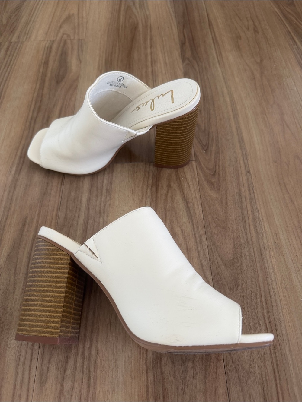 Lulu's Cream Open-Toe Slide Mules with Tan Stacked Heel